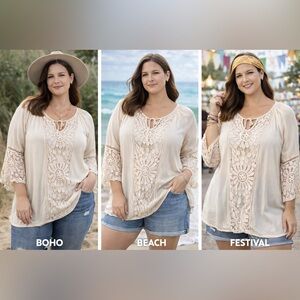 Indigo Thread Co Boho Lace Tunic Top Cream Crochet Festival Blouse 3X